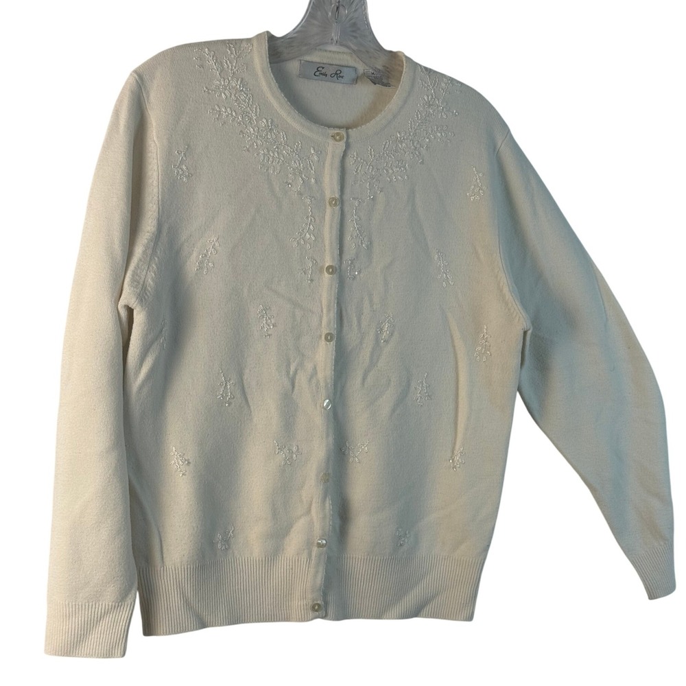 vintage Emily Rose Womens Cream Embroidered Beaded Button Up Cardigan Sweater‎ M